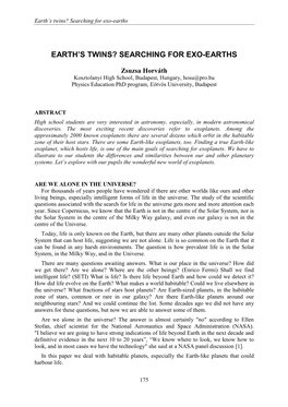 Paper We Deal with Habitable Planets, Especially the Earth-Like Planets That Could Harbour Life