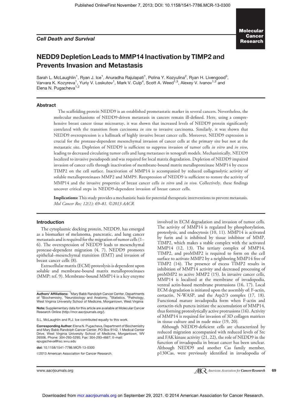 NEDD9 Depletion Leads to MMP14 Inactivation by TIMP2 and Prevents Invasion and Metastasis