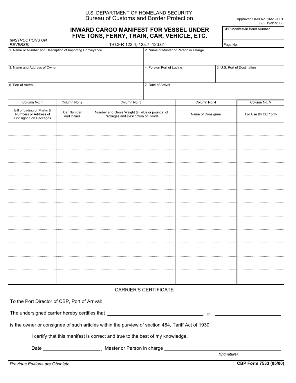 Inward Cargo Manifest for Vessel Under Five Tons, Ferry, Train, Car