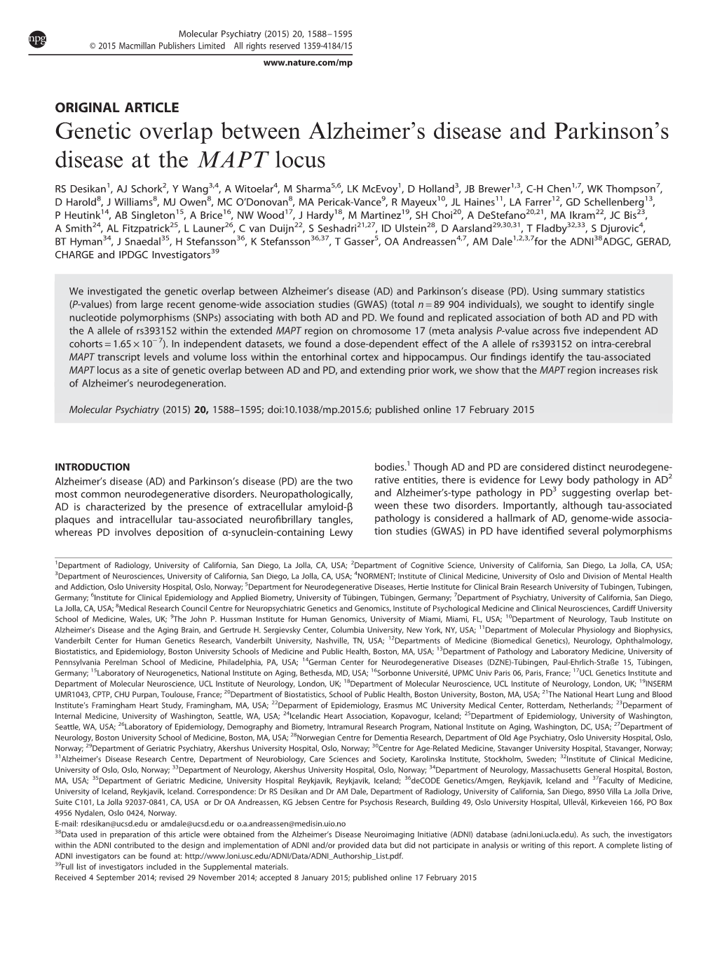 Genetic Overlap Between Alzheimer&Rsquo