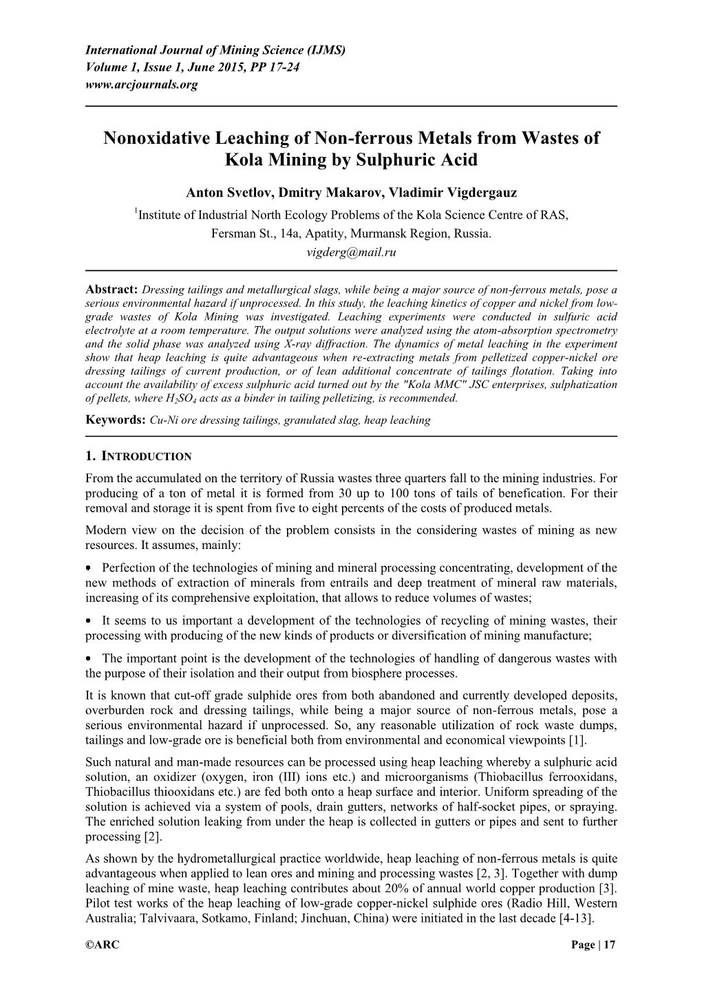 Nonoxidative Leaching of Non-Ferrous Metals from Wastes of Kola Mining by Sulphuric Acid