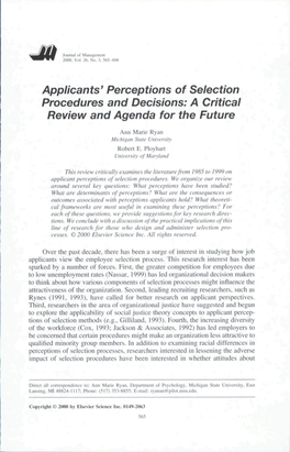 Applicants' Perceptions of Selection Procedures and Decisions: a Critical Review and Agenda for the Future