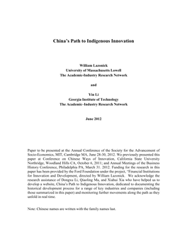 China's Path to Indigenous Innovation