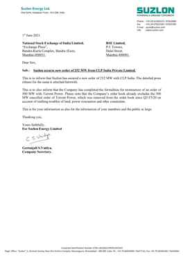 1St June 2021 Suzlon Secures New Order of 252 MW from CLP India