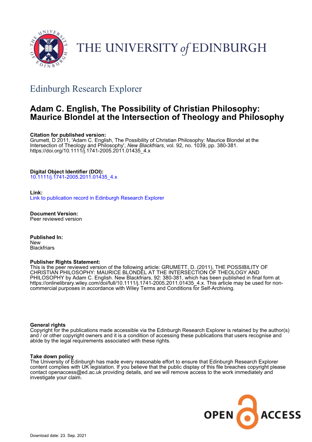 Maurice Blondel at the Intersection of Theology and Philosophy