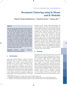 Document Clustering Using K-Means and K-Medoids Rakesh Chandra Balabantaray*, Chandrali Sarma**, Monica Jha***