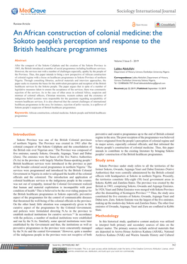 An African Construction of Colonial Medicine: the Sokoto People’S Perception and Response to the British Healthcare Programmes