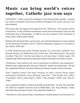 Music Can Bring World's Voices Together, Catholic Jazz Icon Says