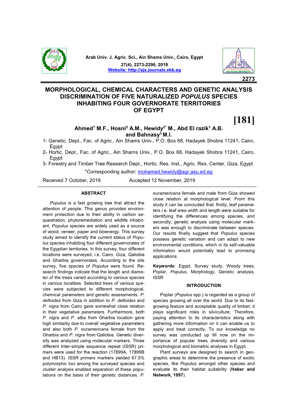 Morphological, Chemical Characters and Genetic Analysis Discrimination of Five Naturalized Populus Species Inhabiting Four Gover