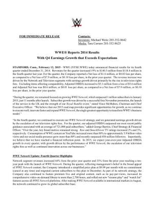 WWE® Reports 2014 Results with Q4 Earnings Growth That Exceeds Expectations
