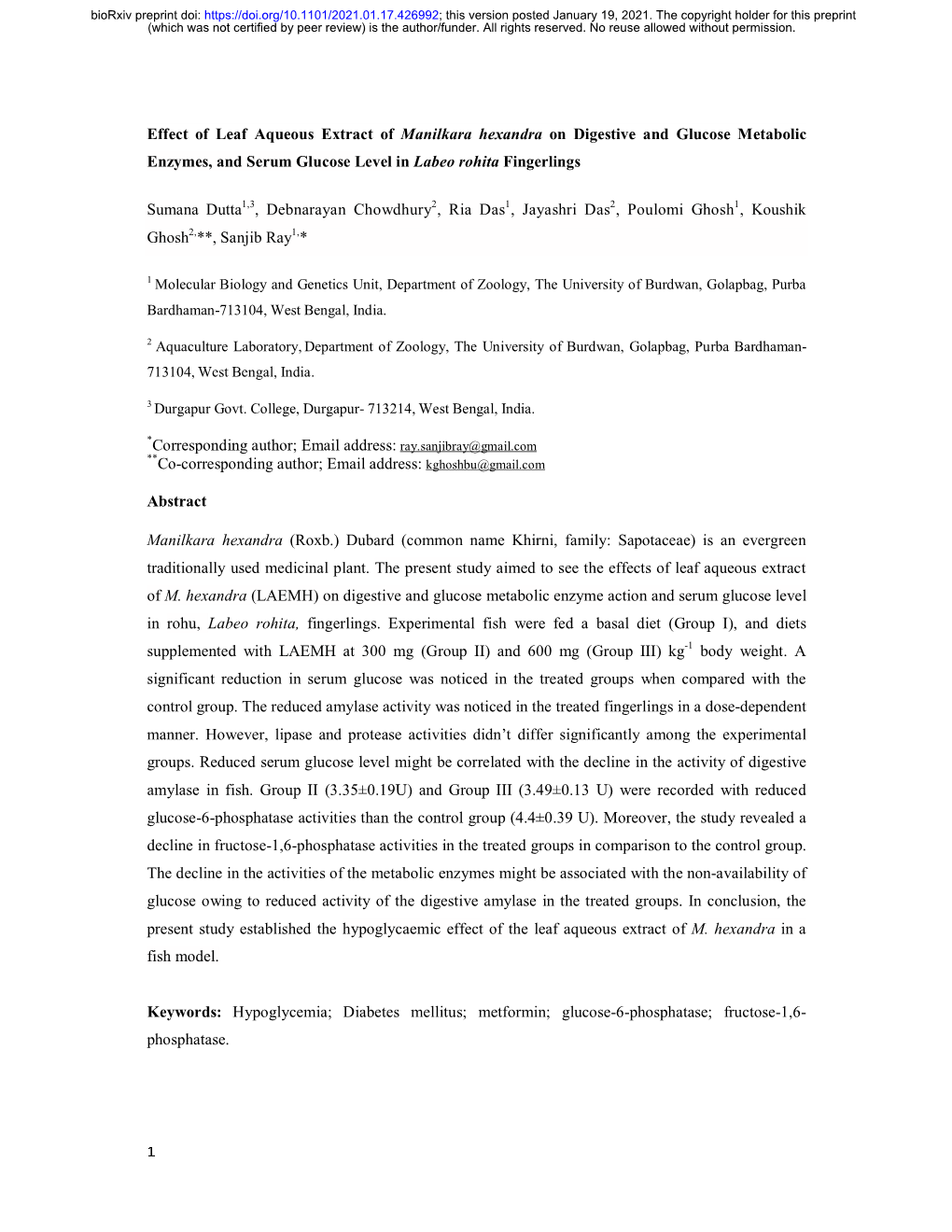 Effect of Leaf Aqueous Extract of Manilkara Hexandra on Digestive and Glucose Metabolic Enzymes, and Serum Glucose Level in Labeo Rohita Fingerlings