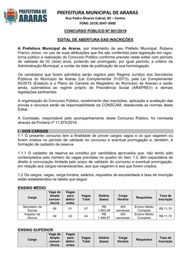 PREFEITURA MUNICIPAL DE ARARAS Rua Pedro Álvares Cabral, 83 – Centro FONE: (019) 3547-3000