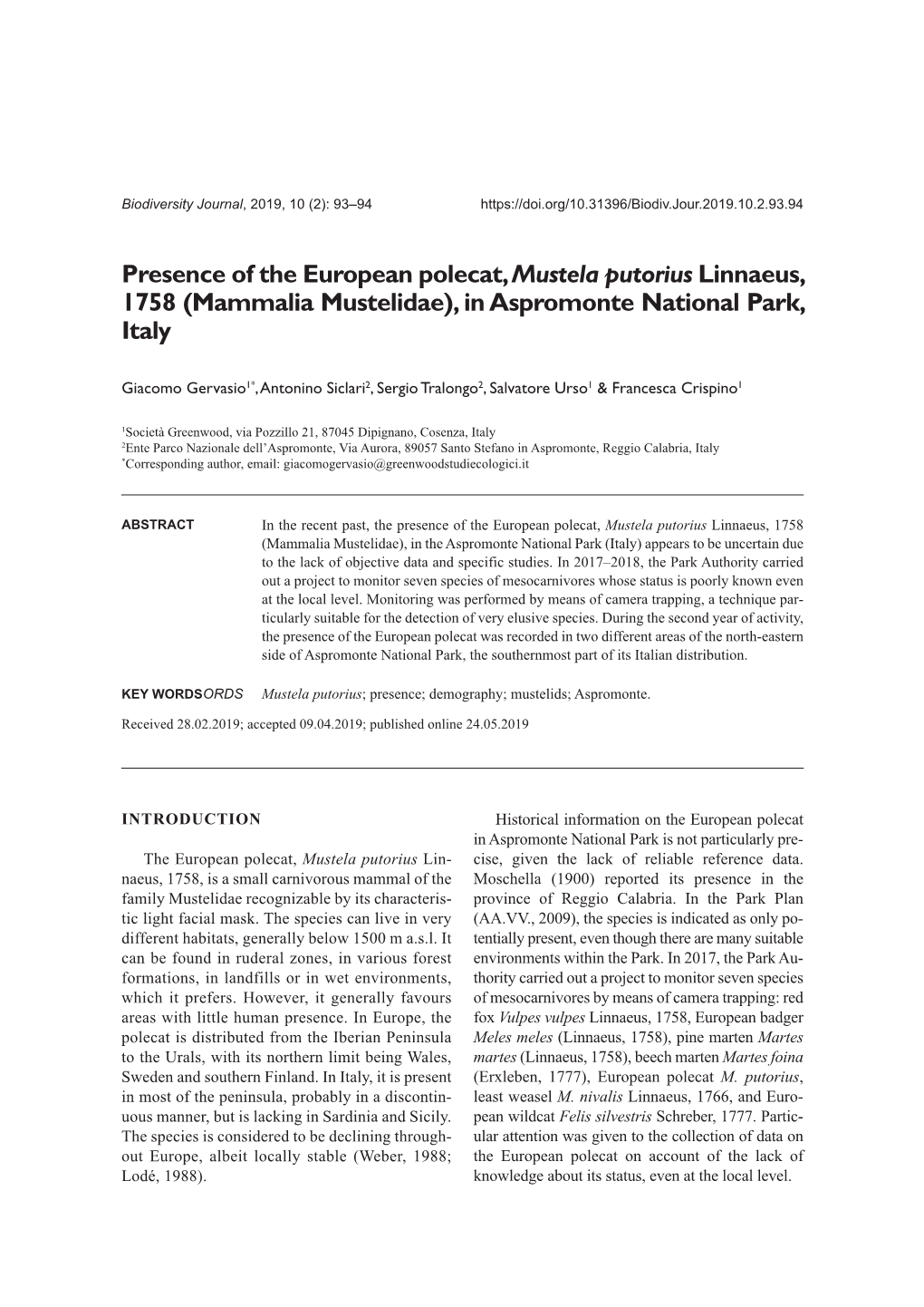 Presence of the European Polecat, Mustela Putorius Linnaeus, 1758 (Mammalia Mustelidae), in Aspromonte National Park, Italy