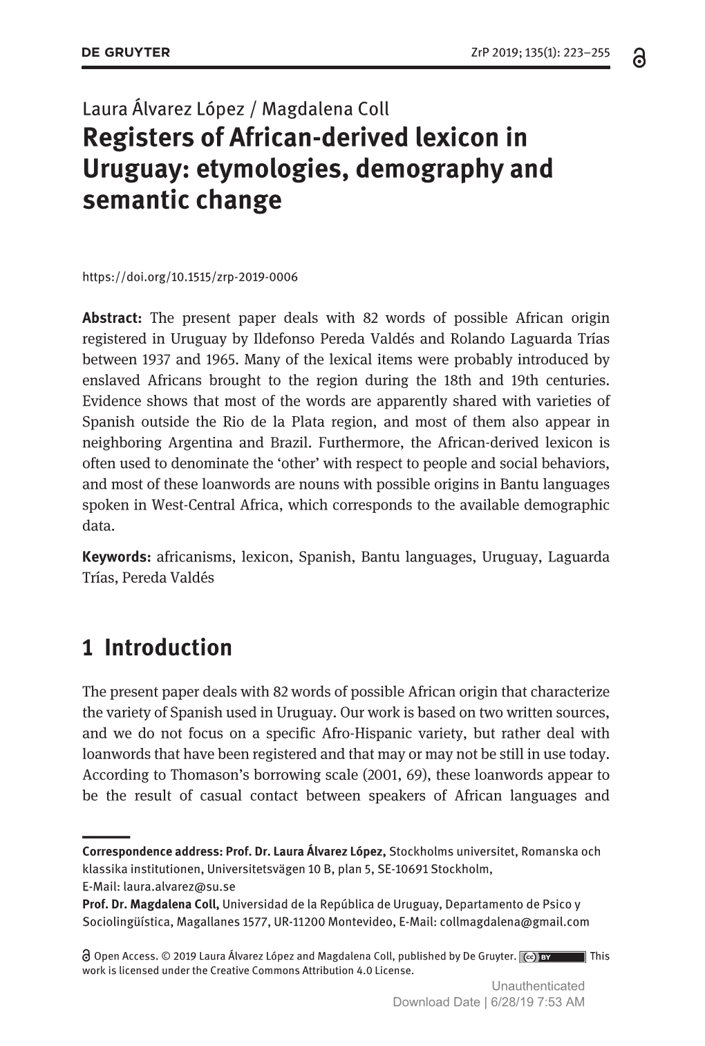 Registers of African-Derived Lexicon in Uruguay: Etymologies, Demography and Semantic Change