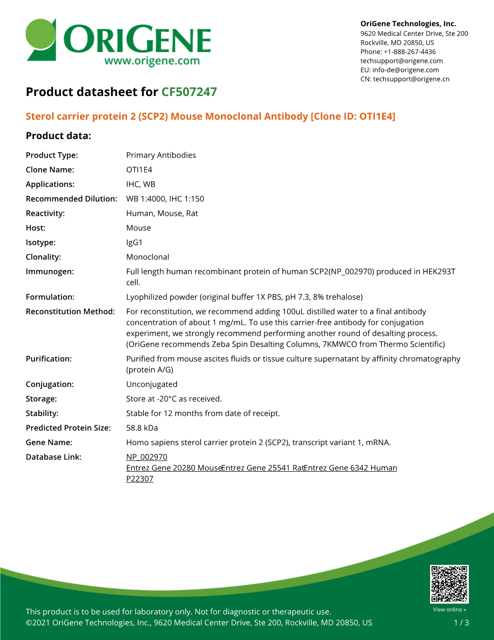 Sterol Carrier Protein 2 (SCP2) Mouse Monoclonal Antibody [Clone ID: OTI1E4] Product Data