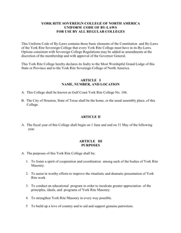 York Rite Sovereign College of North America Uniform Code of By-Laws for Use by All Regular Colleges