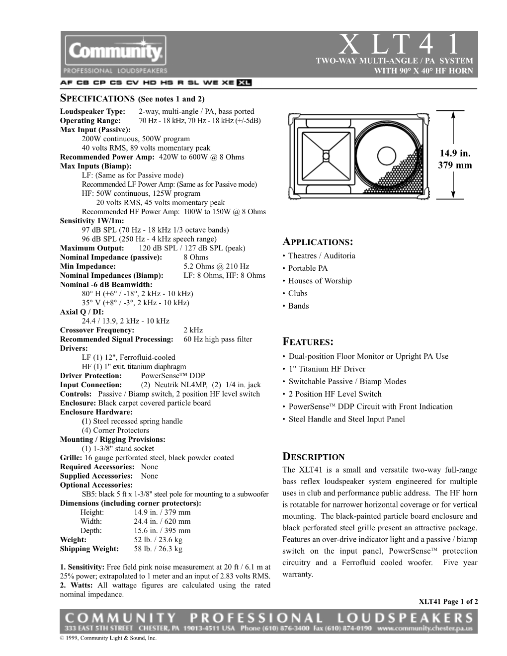 Xlt41 Two-Way Multi-Angle / Pa System with 90° X 40° Hf Horn