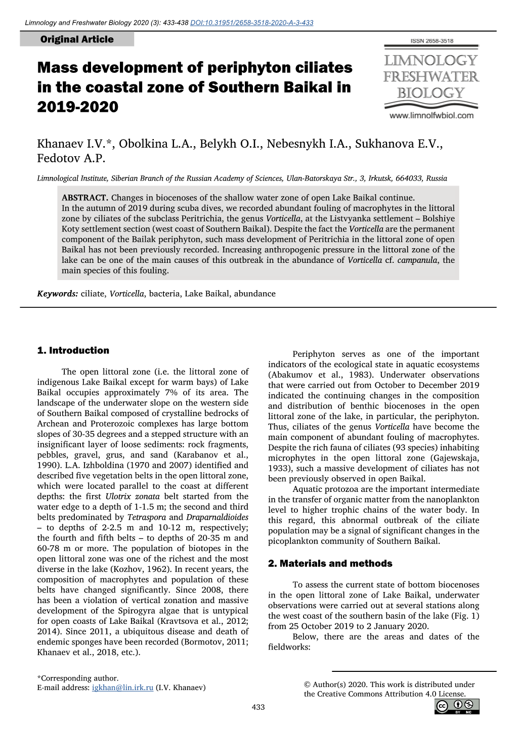 Mass Development of Periphyton Ciliates in the Coastal Zone of Southern Baikal in 2019-2020