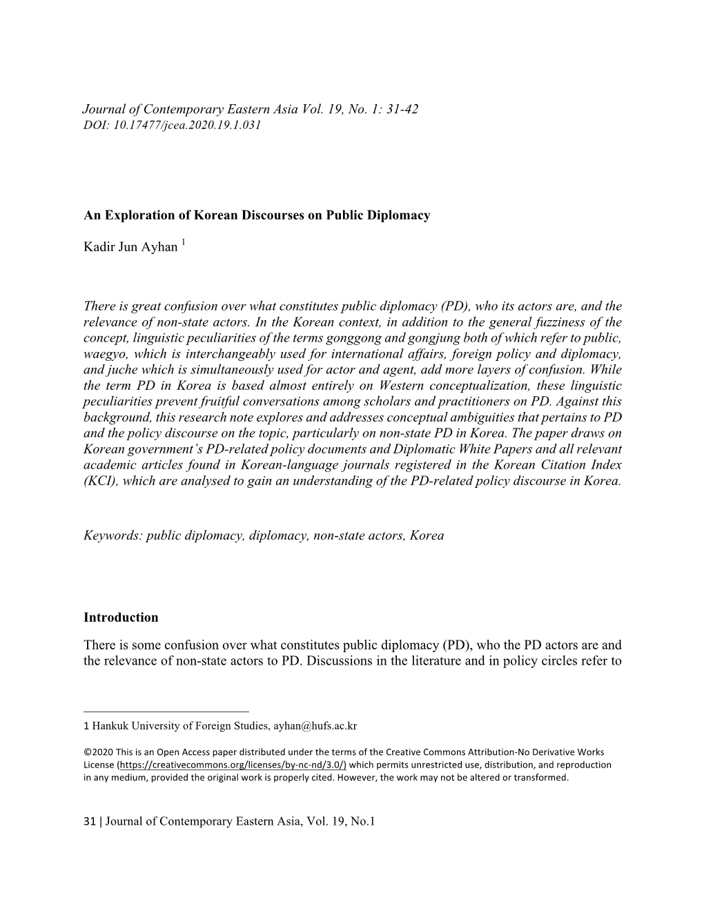 31-42 an Exploration of Korean Discourses on Public Diplomacy Kadir Jun Ay