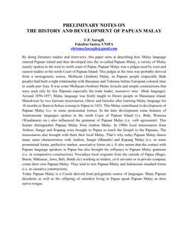 Preliminary Notes on the History and Development of Papuan Malay