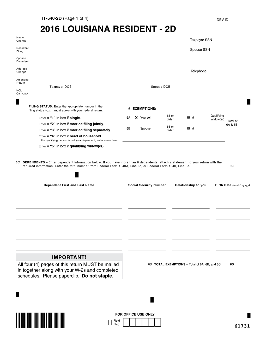 2016 LOUISIANA RESIDENT - 2D Name Change Taxpayer SSN