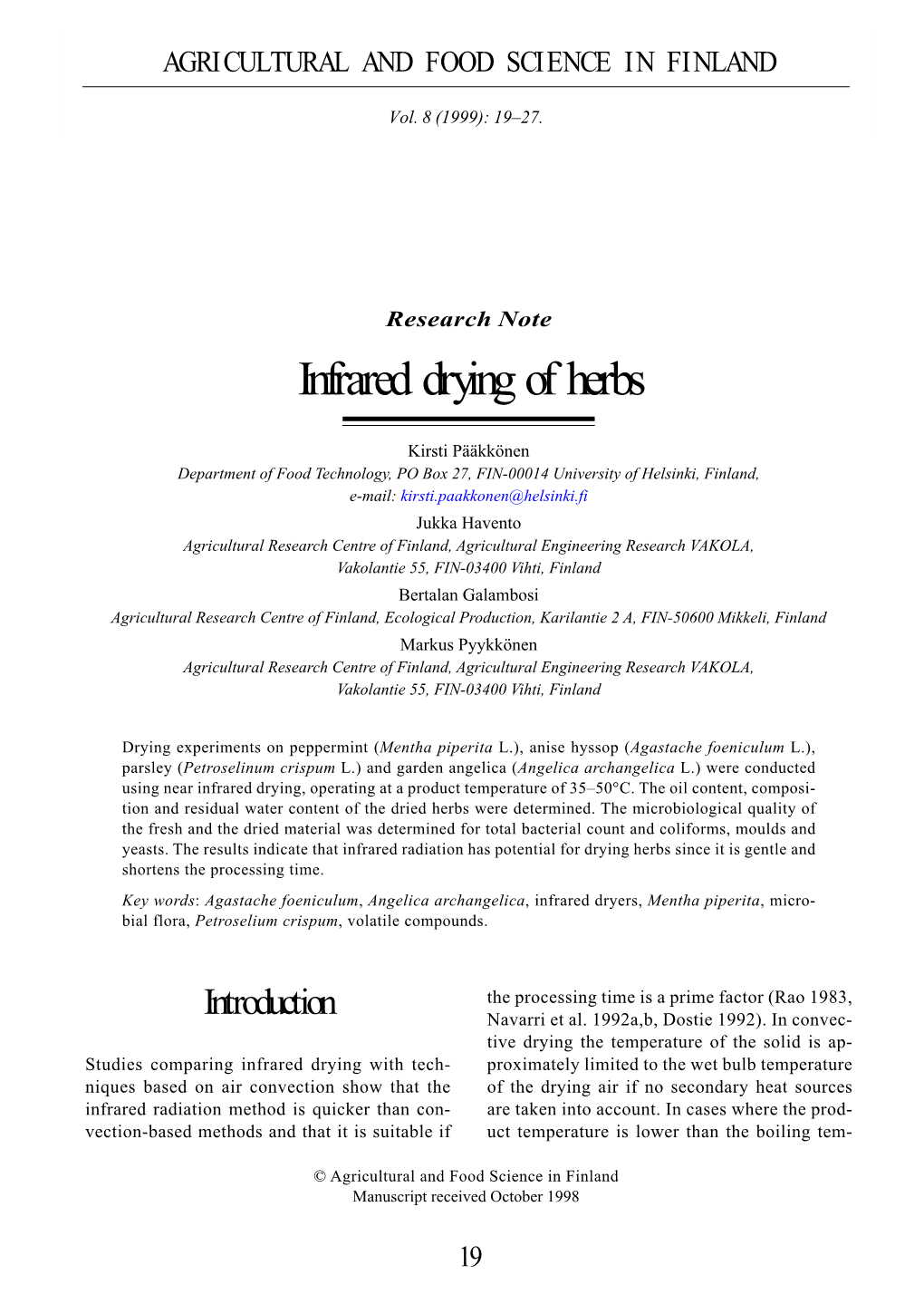 Agricultural and Food Science in Finland Manuscript Received October 1998