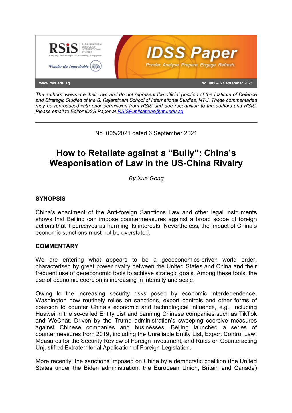 How to Retaliate Against a “Bully”: China's Weaponisation of Law In