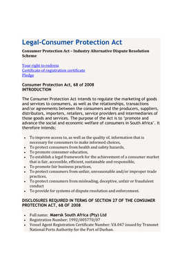 Legal-Consumer Protection Act Consumer Protection Act – Industry Alternative Dispute Resolution Scheme