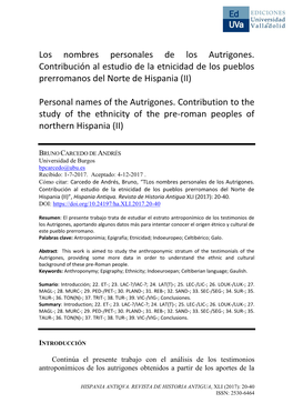 Los Nombres Personales De Los Autrigones. Contribución Al Estudio De La Etnicidad De Los Pueblos Prerromanos Del Norte De Hispania (II)