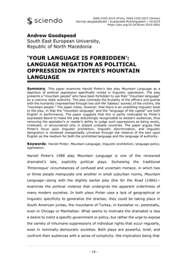 Language Negation As Political Oppression in Pinter’S Mountain Language