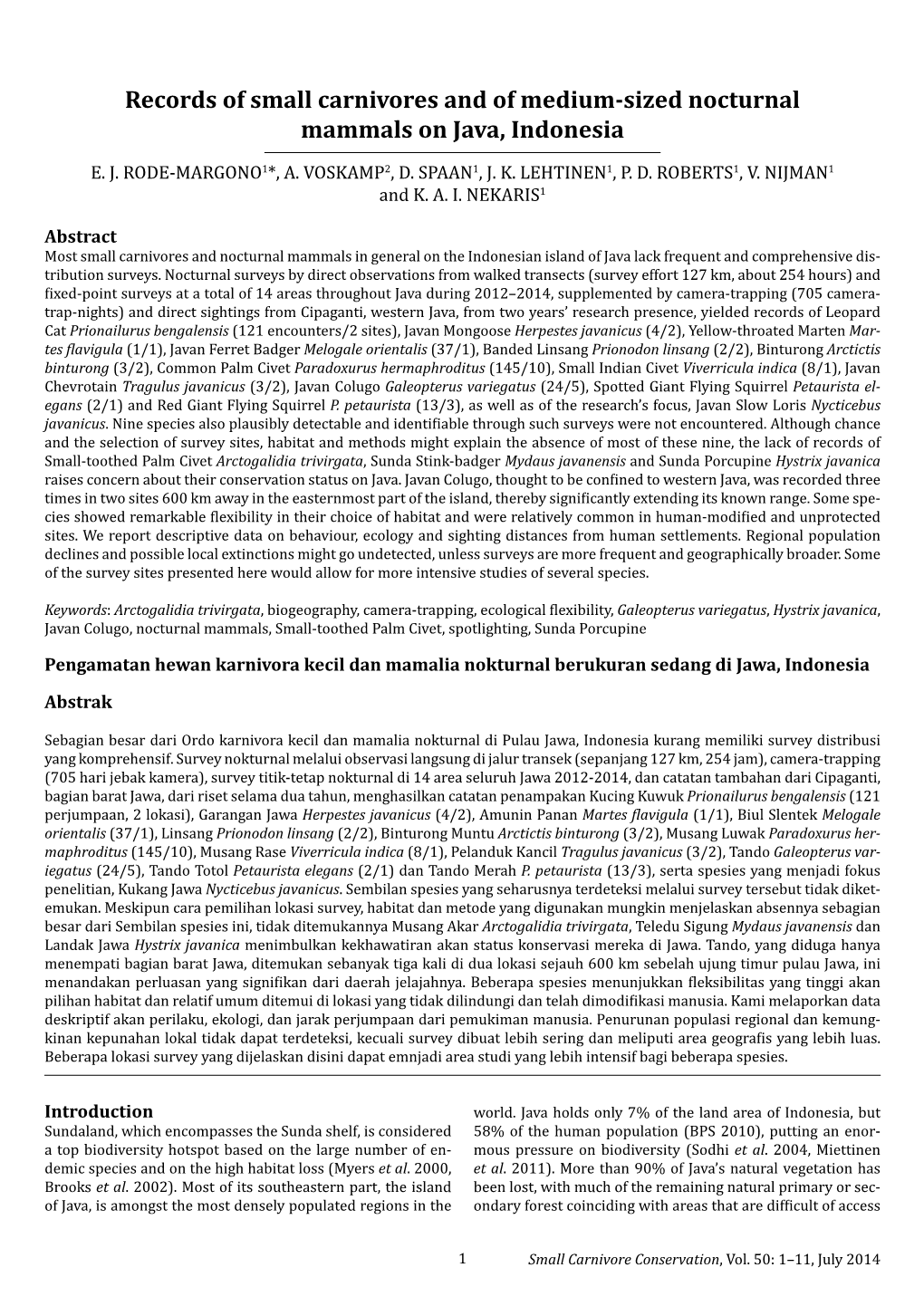 Records of Small Carnivores and of Medium-Sized Nocturnal Mammals on Java, Indonesia