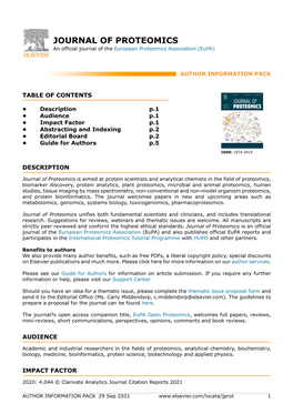 JOURNAL of PROTEOMICS an Official Journal of the European Proteomics Association (Eupa)