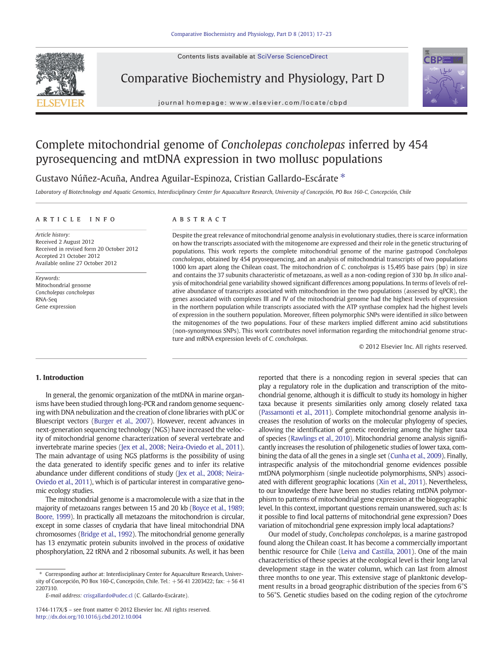 Complete Mitochondrial Genome of Concholepas Concholepas Inferred by 454 Pyrosequencing and Mtdna Expression in Two Mollusc Populations