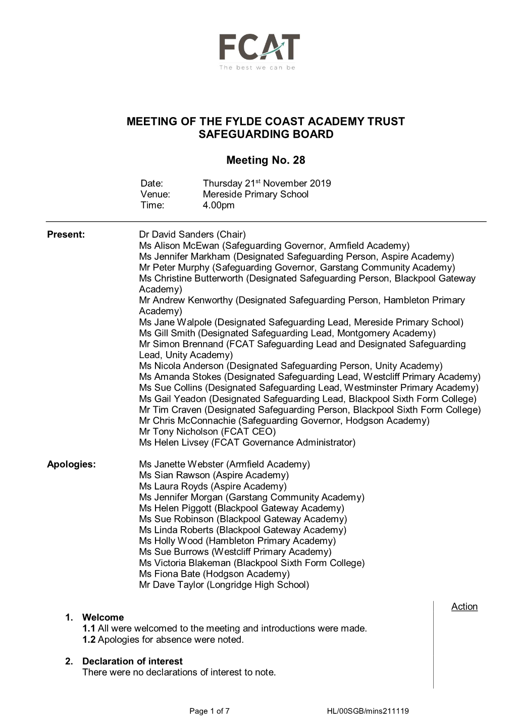 MEETING of the FYLDE COAST ACADEMY TRUST SAFEGUARDING BOARD Meeting No. 28