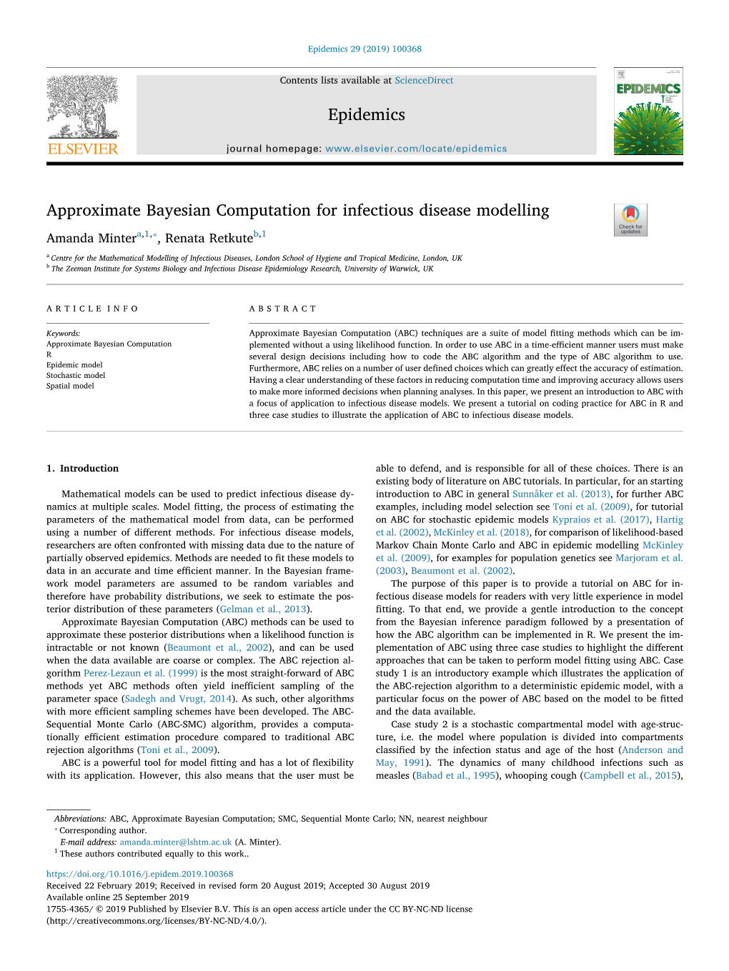 Approximate Bayesian Computation for Infectious Disease Modelling