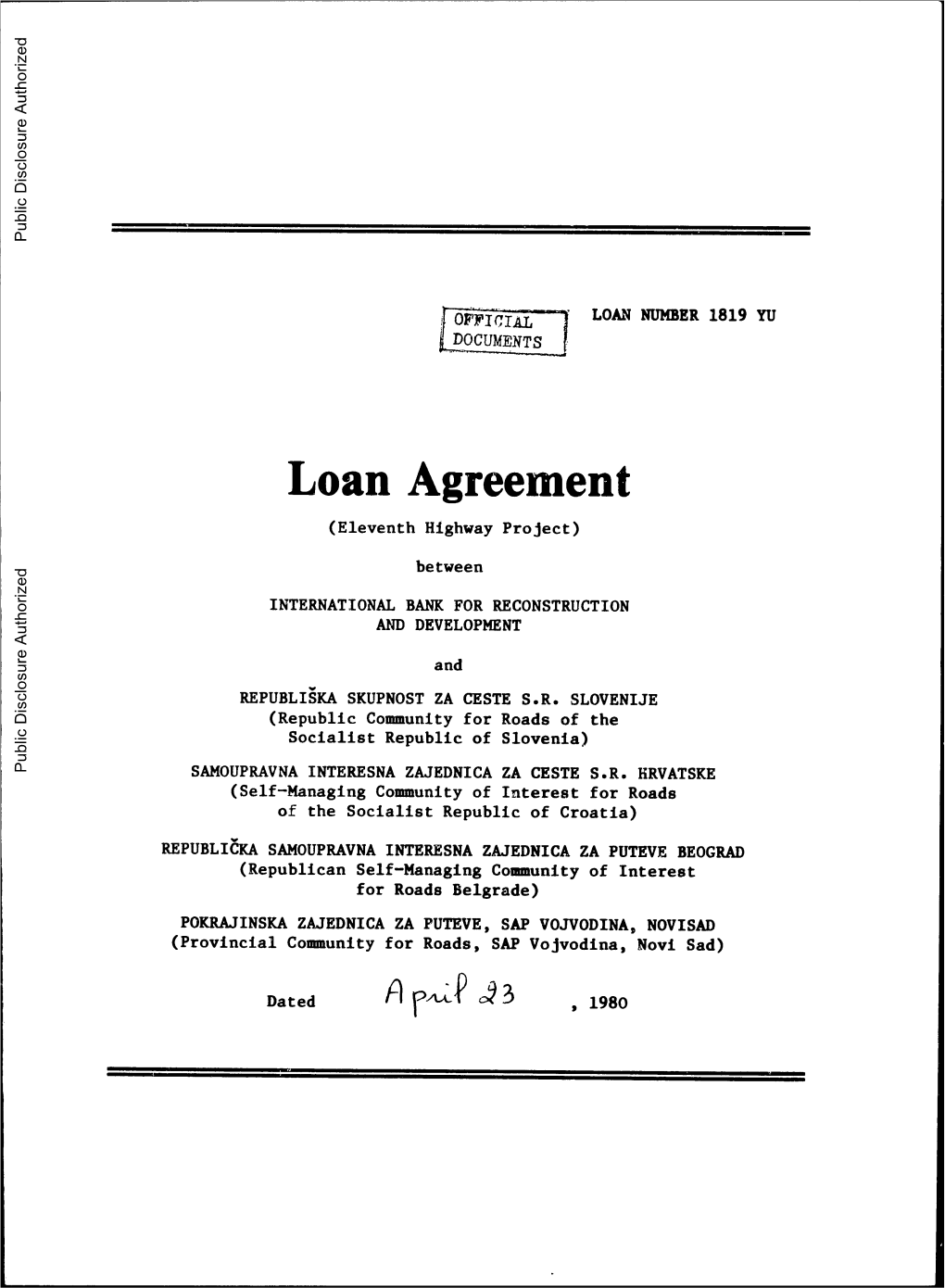 Loan Agreement Public Disclosure Authorized (Eleventh Highway Project)