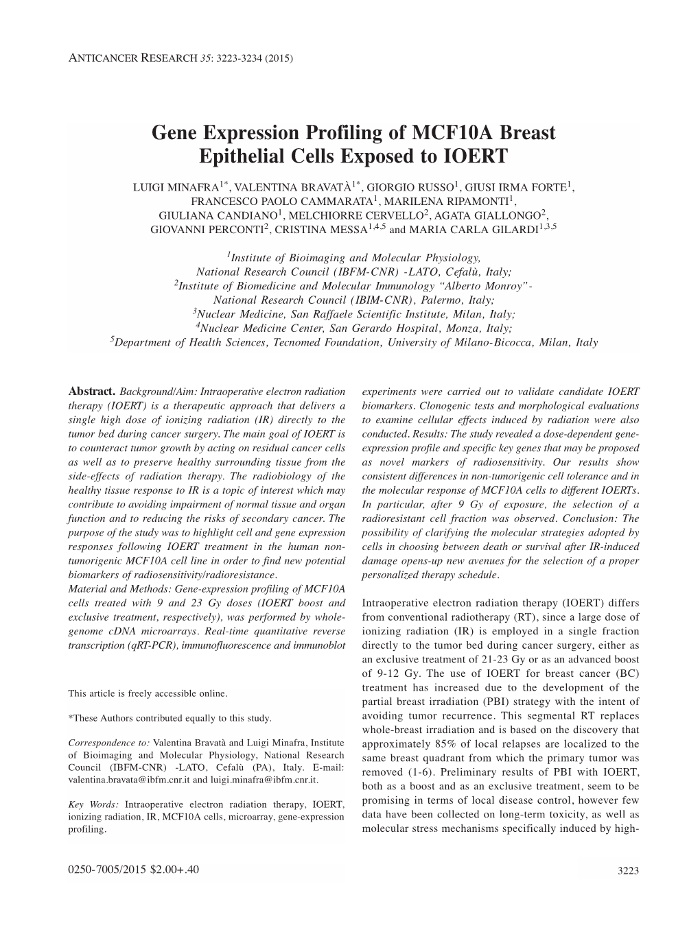 Gene Expression Profiling of MCF10A Breast Epithelial Cells Exposed to IOERT