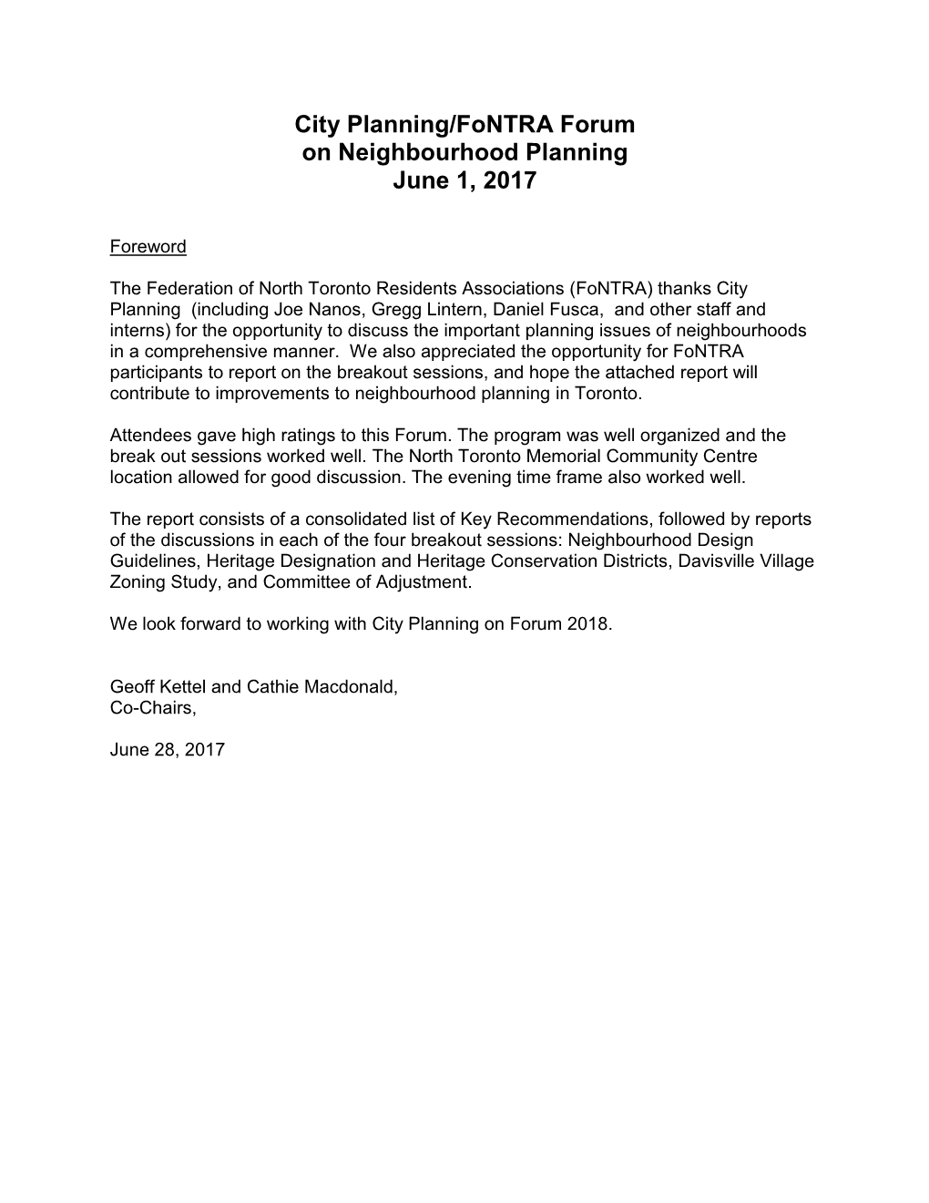 City Planning/Fontra Forum on Neighbourhood Planning June 1, 2017