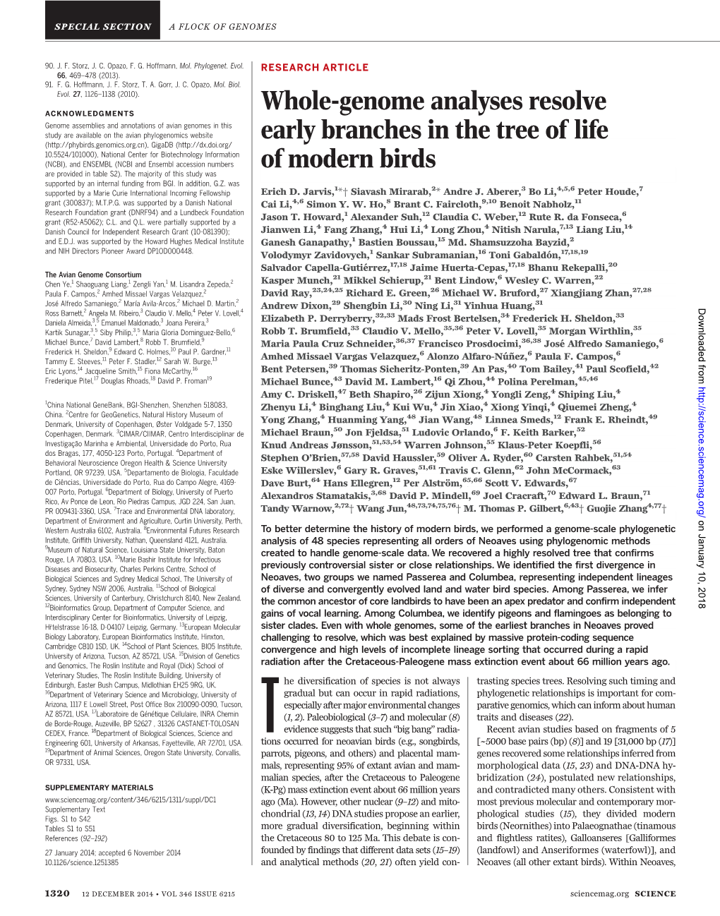 Whole-Genome Analyses Resolve Early Branches in the Tree of Life of Modern Birds Erich D