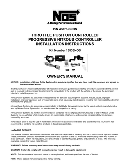THROTTLE POSITION CONTROLLED PROGRESSIVE NITROUS CONTROLLER INSTALLATION INSTRUCTIONS Kit Number 15835NOS