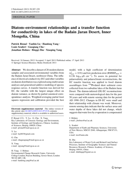 Diatom–Environment Relationships and a Transfer Function for Conductivity in Lakes of the Badain Jaran Desert, Inner Mongolia, China