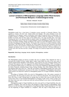 Lexical Variations of Minangkabau Language Within West Sumatra and Peninsular Malaysia: a Dialectological Study