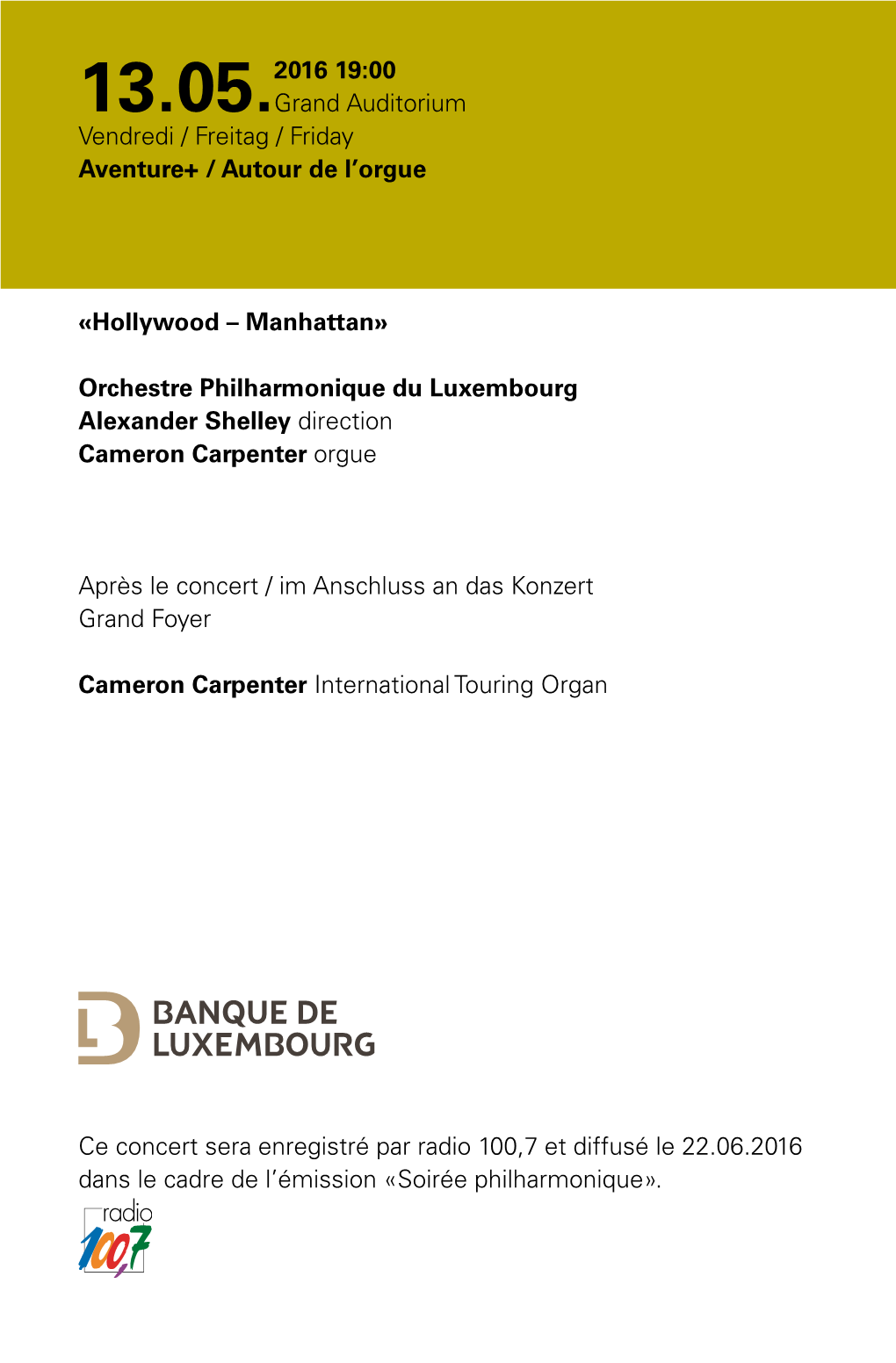 «Hollywood – Manhattan» Orchestre Philharmonique Du Luxembourg