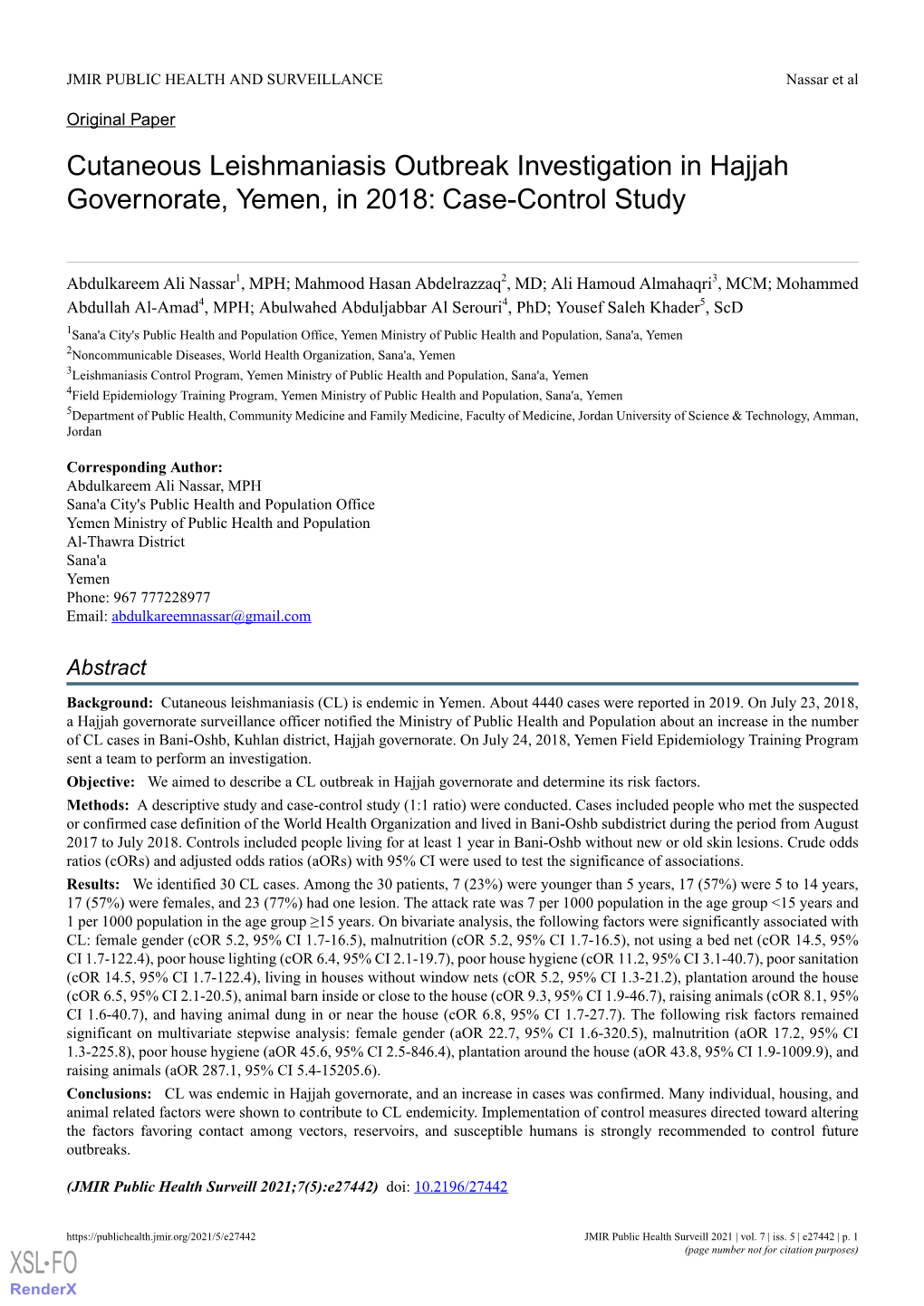 Cutaneous Leishmaniasis Outbreak Investigation in Hajjah Governorate, Yemen, in 2018: Case-Control Study