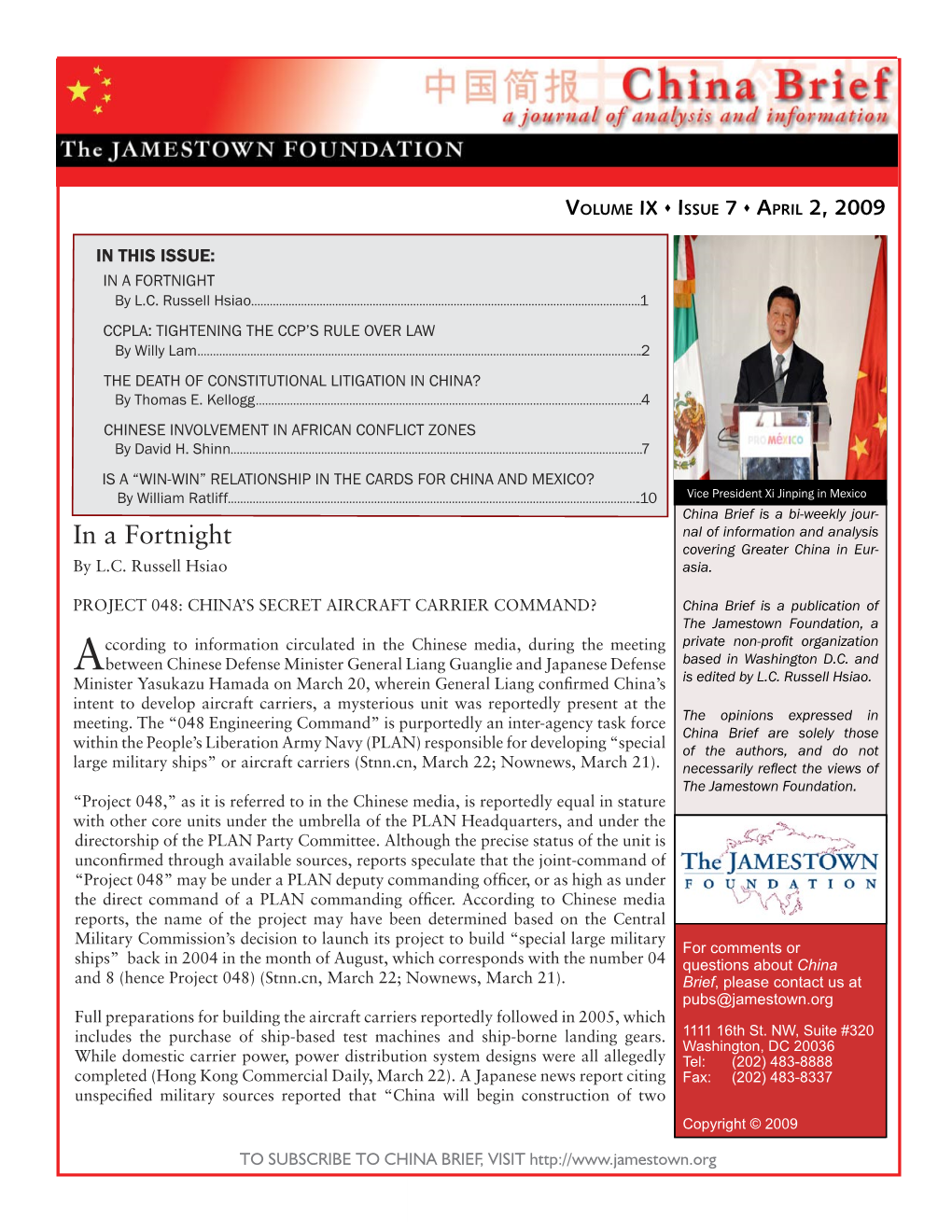 Chinabrief Volume IX  Issue 7  April 2, 2009