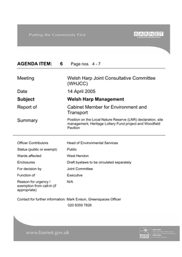 (WHJCC) Date 14 April 2005 Subject Welsh Harp Management Report