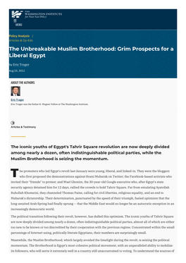 The Unbreakable Muslim Brotherhood: Grim Prospects for a Liberal Egypt by Eric Trager