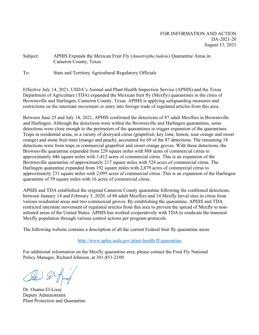 APHIS Expands the Mexican Fruit Fly (Anastrepha Ludens) Quarantine Areas in Cameron County, Texas