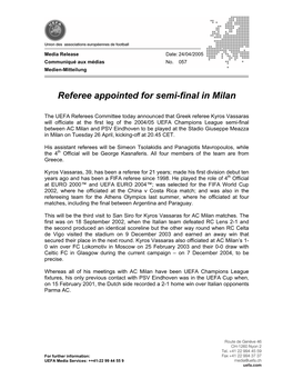 Referee Appointed for Semi-Final in Milan