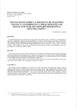 Nuevos Datos Sobre La Presencia De Maestros Vascos Y Cantabros En La Rioja Durante Los Siglos Xvii-Xviii